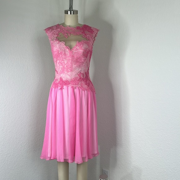 Tadashi Shoji Ines Lace Sheer Floral Open Backless Rose Silk Dress